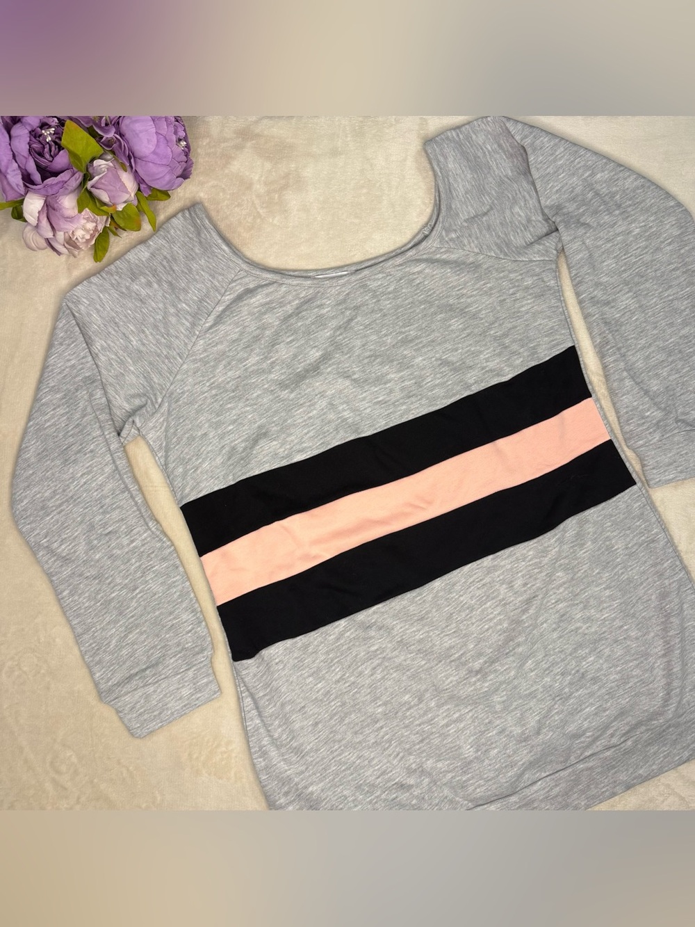 NEW Boutique Heather Gray Off-the-Shoulder Top with Black and Pink Stripes